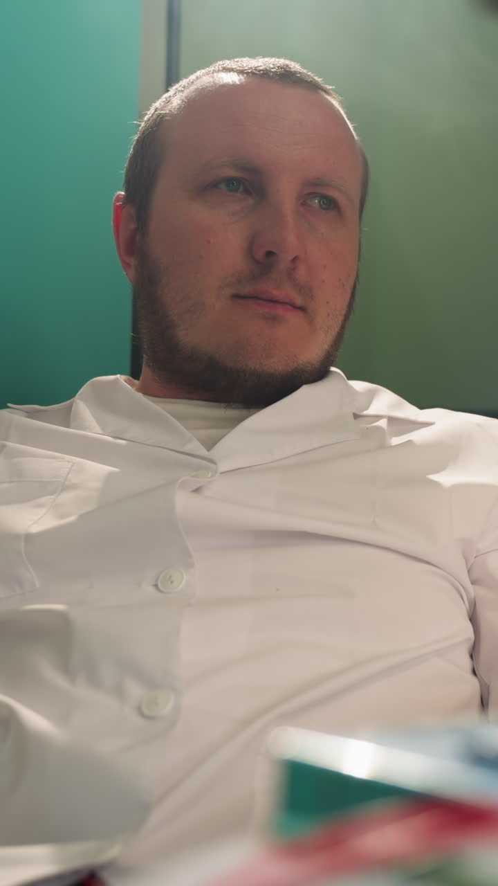 A close-up view of a technician in a white lab coat sitting back and relaxing in a laboratory setting, with light seen under the microscope