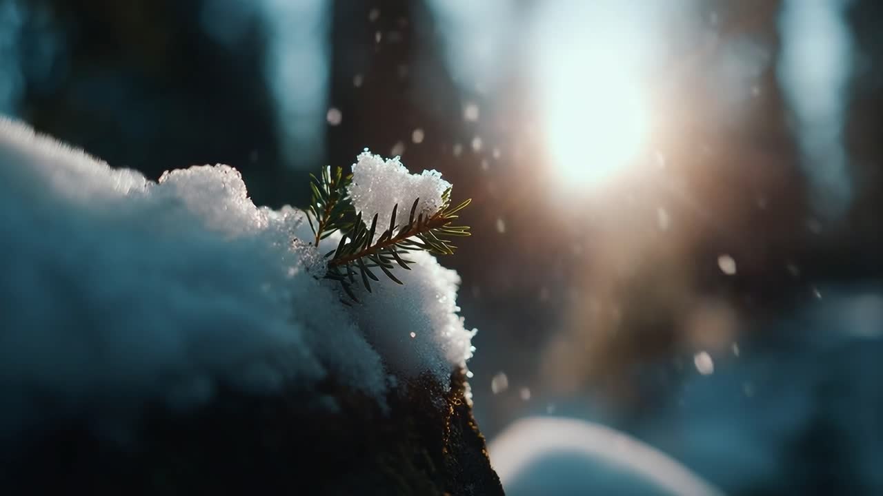 A Serene Winter Scene Capturing Snowflakes Gently Falling on Pine Needles in a Glimmering, Sunlit Forest Landscape at Dawn