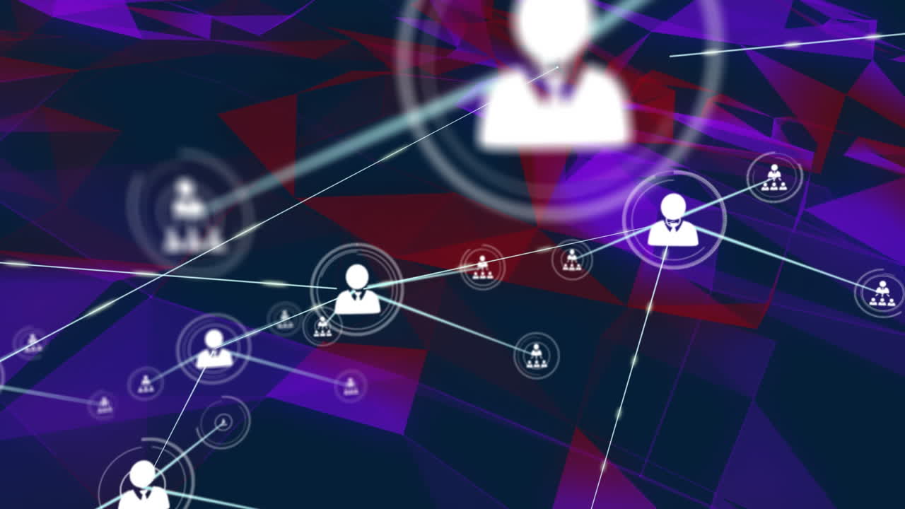 animación de la red de conexiones con iconos digitales sobre triángulos púrpura y rojo