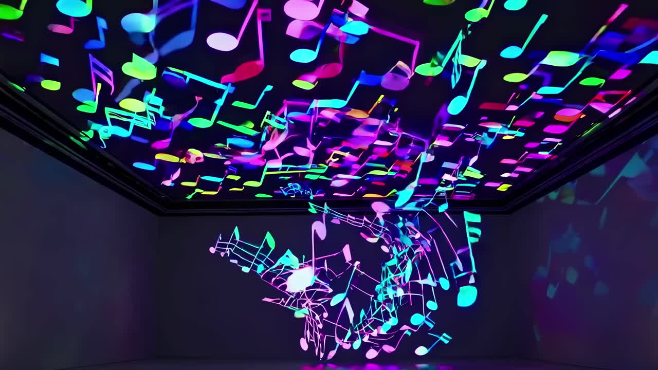 A dynamic video scene with colorful musical notes projected in a dark room, captured from a low