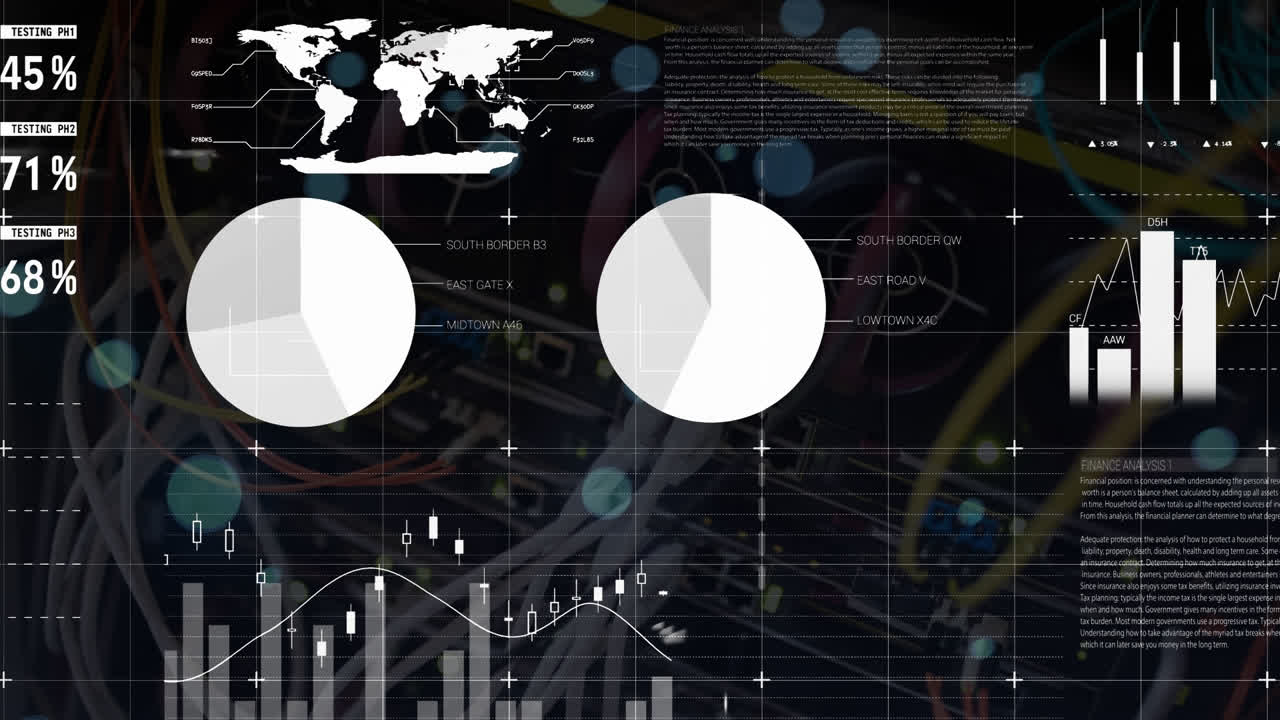 Animation of financial data processing and spots over server