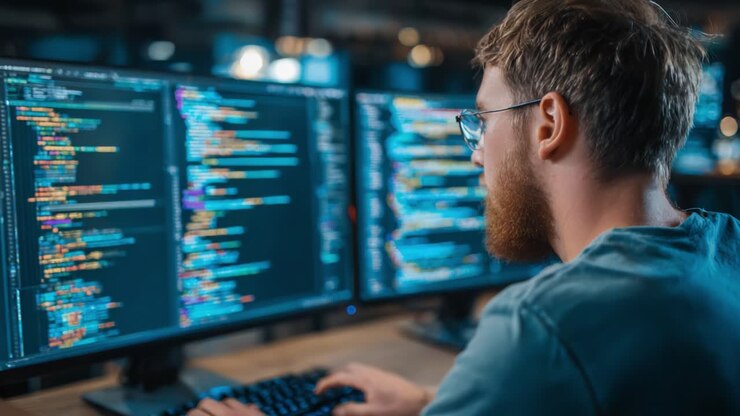 Focused Developer Engaged in Coding with Dual Monitors Displaying Colorful Code in a Modern Workspace Setting