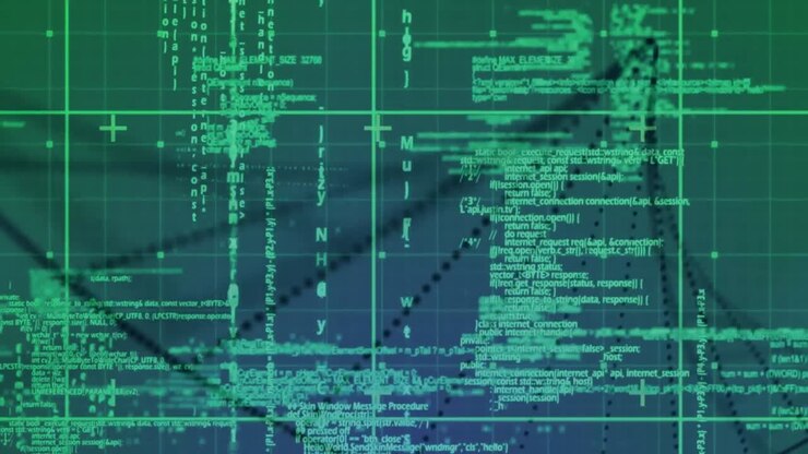 Animation of green grid with black particles forming dna helix and green data processing, on green
