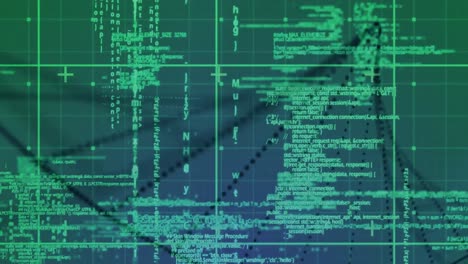 animation of green grid with black particles forming dna helix and green data processing, on green