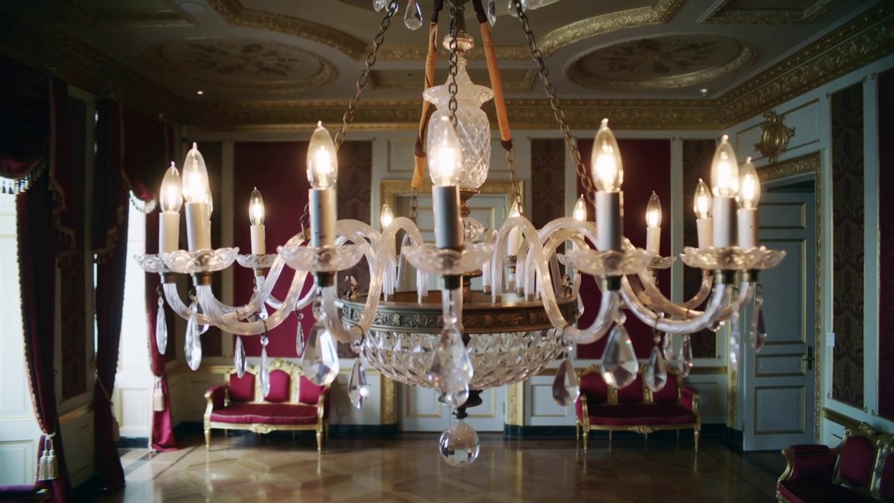Moving camera forward, bringing large crystal fixture closer in formal parlor to reveal details