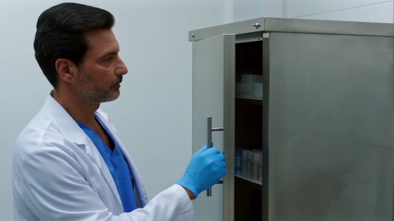Doctor checking medical supplies in a cabinet