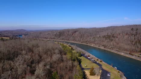 aerial drone view of river near melton hill dam