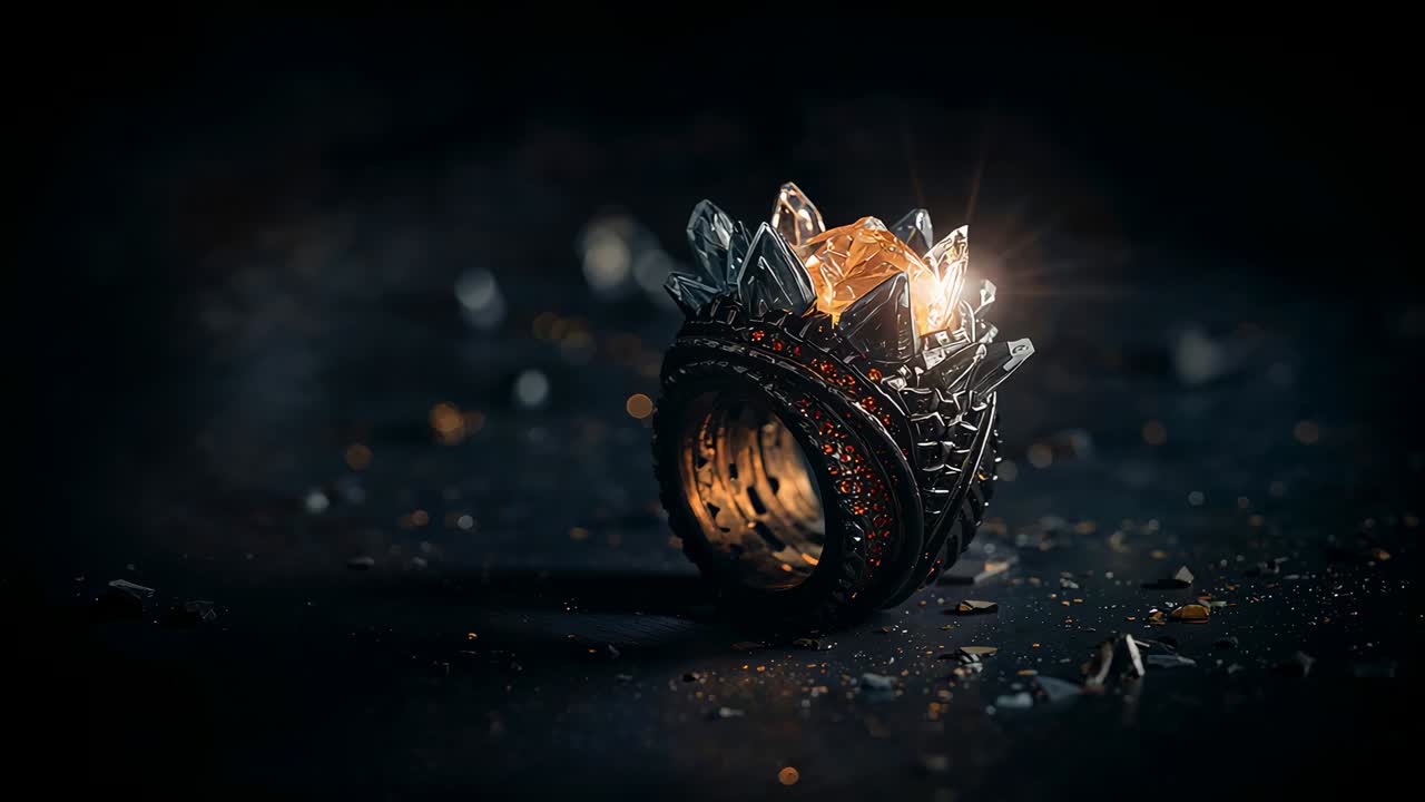 Lights increasing intensity and camera dollying in studio capturing ornate amber gemstone ring