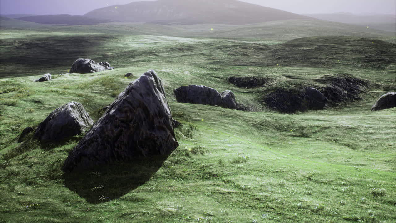 Expansive green landscape dotted with rocks under a soft afternoon light