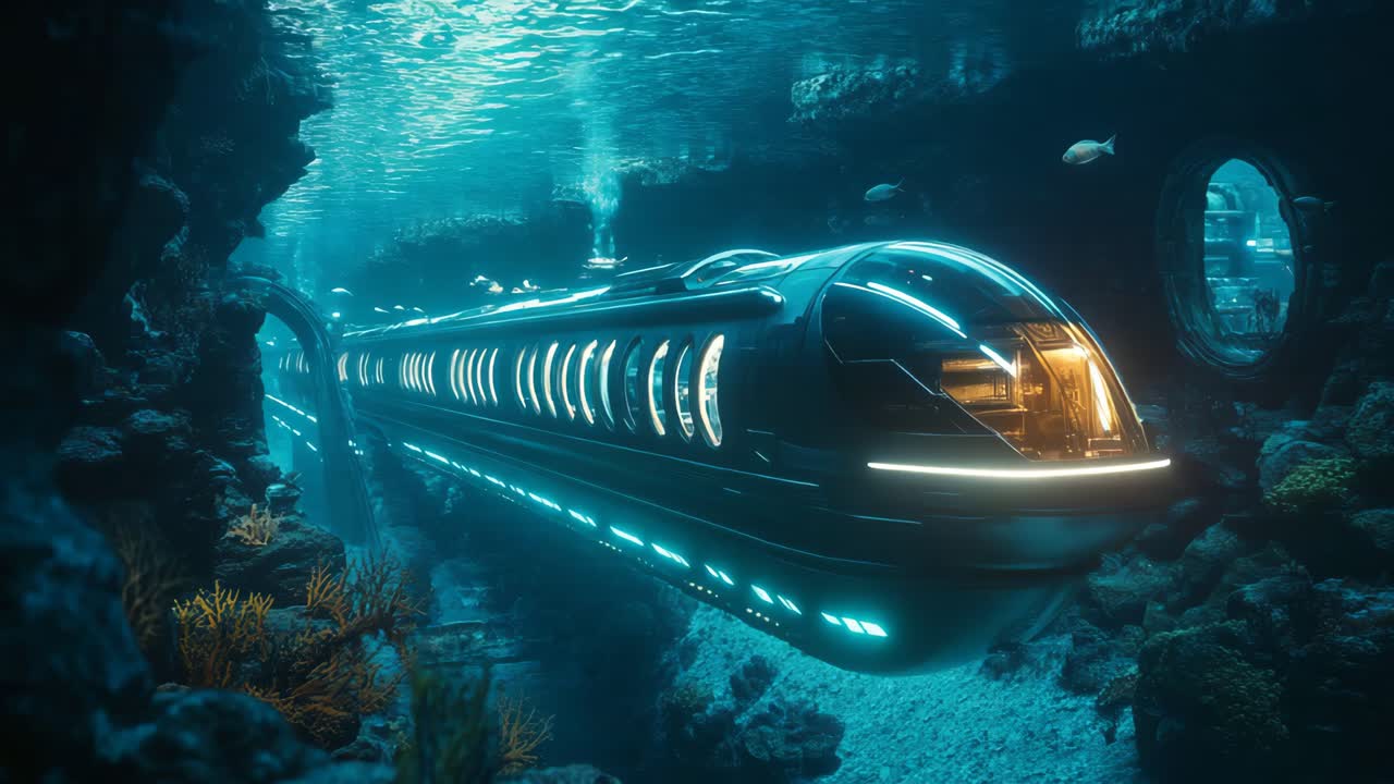 Futuristic Underwater Train in an Aquarium