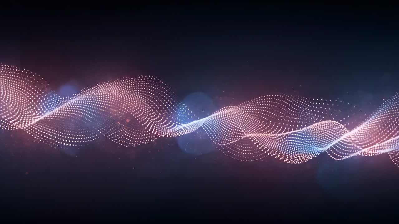 Undulating luminous dotted ribbon shifting in dark gradient void on playback, revealing bokeh haze