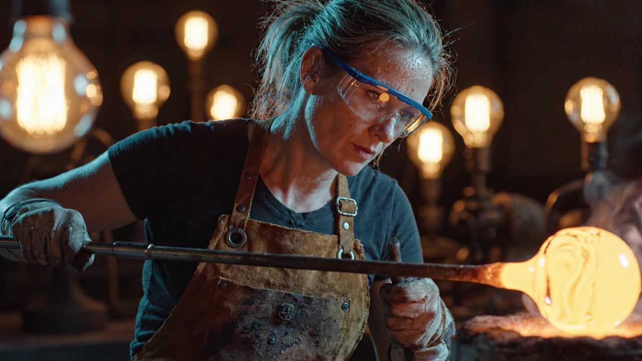 En dyktig håndverker former omhyggelig smeltet glass i et verksted, omgitt av glødende lys, og demonstrerer den intrikate kunsten med glassblåsing i aksjon