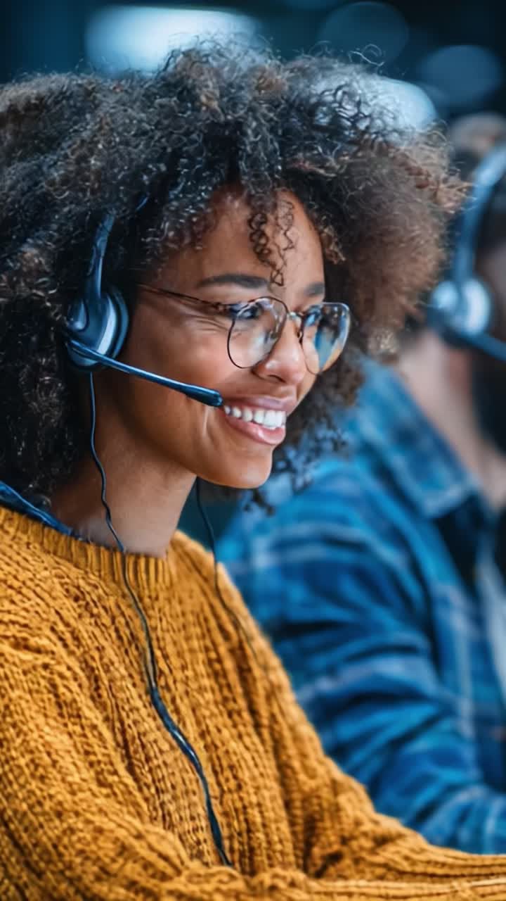 Perwakilan dukungan pelanggan yang terlibat memberikan layanan terbaik sambil mengenakan headset dan tersenyum di lingkungan kantor modern