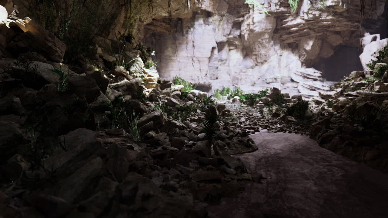 Exploring a hidden cave with sunlight illuminating rocky terrain and vegetation