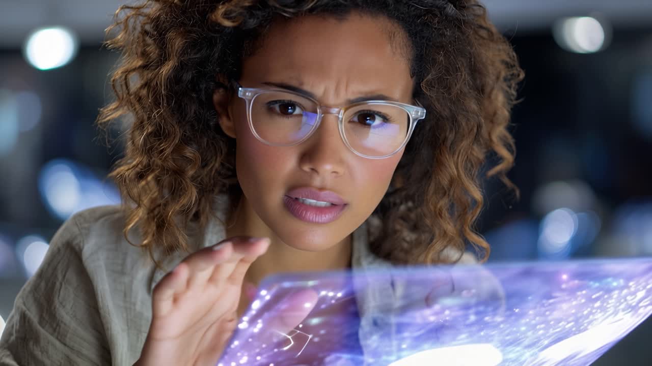 Donna con i capelli ricci indossa occhiali con montatura trasparente. Fissa intensamente un display olografico luminoso. Le dita si librano vicino a un'interfaccia futuristica, pronte a interagire
