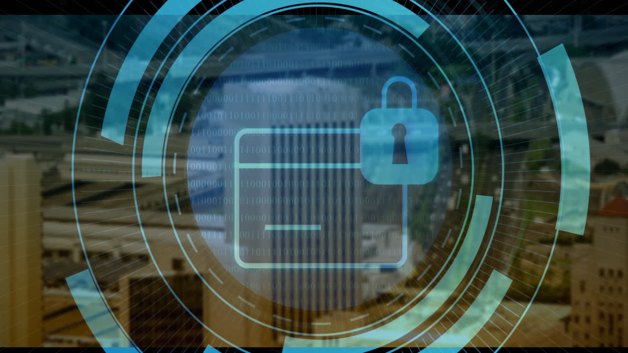 3D interface showing folder and padlock icons locking with binary code scrolling and HUD overlay