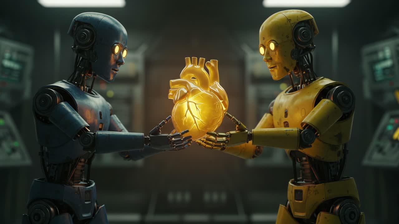 In a captivating moment of connection, two humanoid robots share a glowing artificial heart, symbolizing the fusion of technology and emotion in a futuristic setting