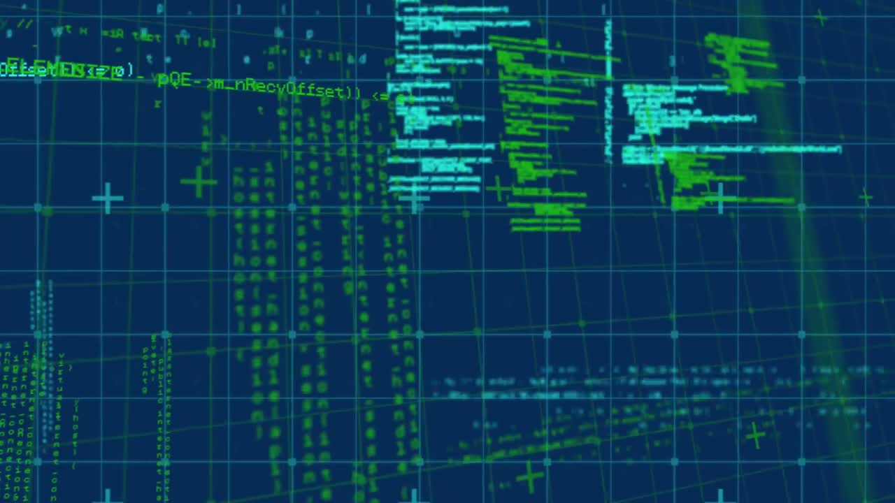 Animation of data processing over grid on blue background
