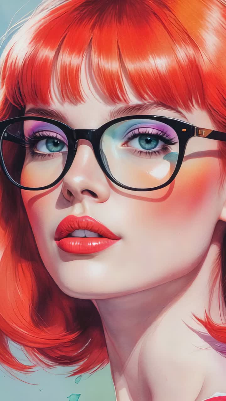 Vertical video: Moving camera closer to woman in studio, frames advancing, showing glasses makeup