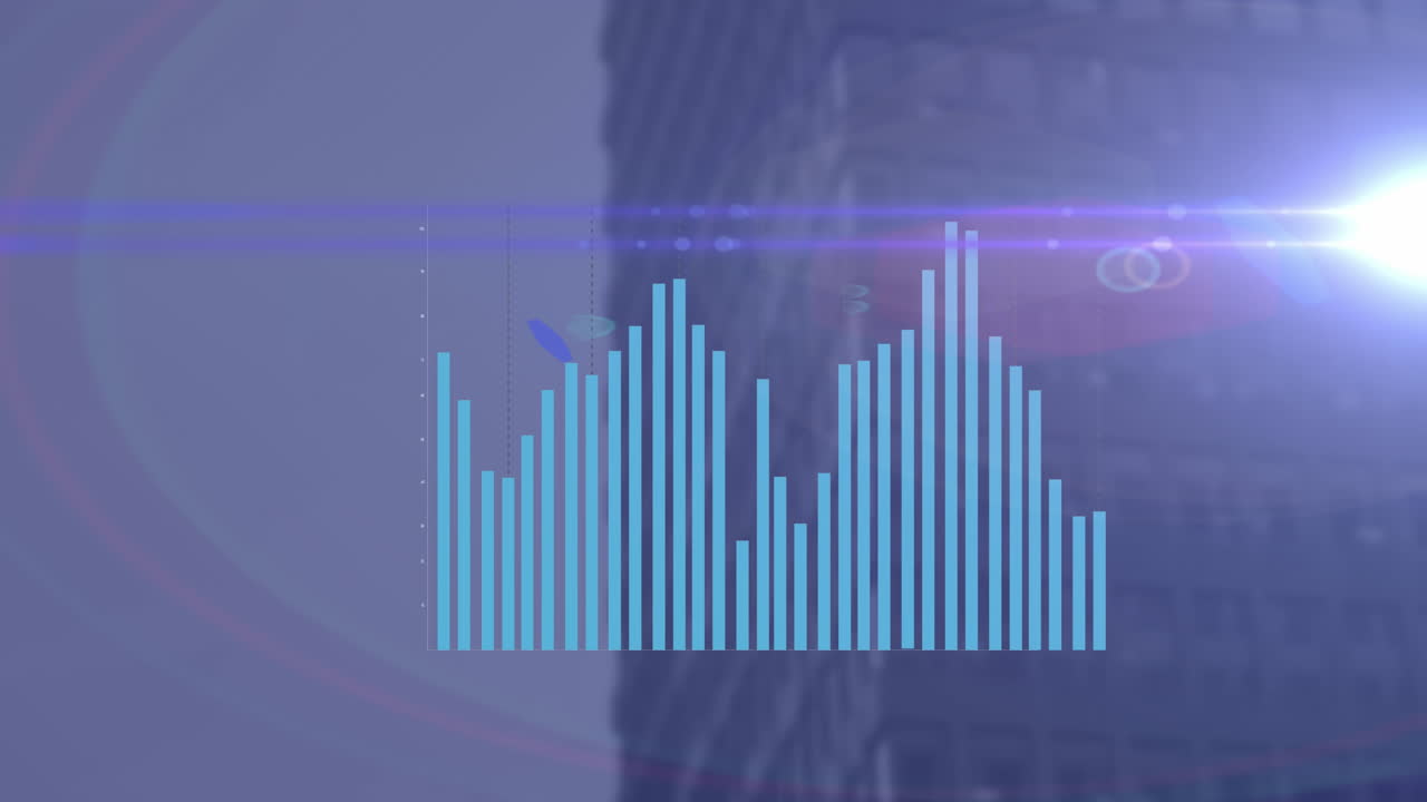 animación de puntos de luz y procesamiento de datos estadísticos contra edificios altos.