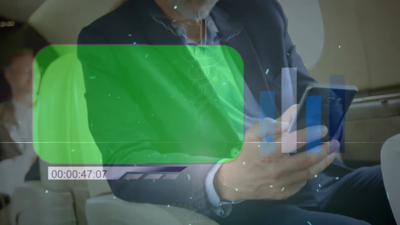 스마트폰을 사용하는 카우카스계 사업가에 대한 데이터 처리 애니메이션