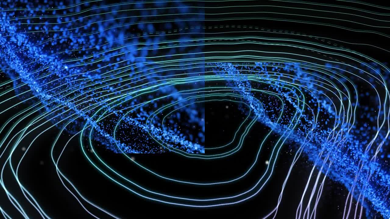 Animation of blue wave over white moving map of lines on black background