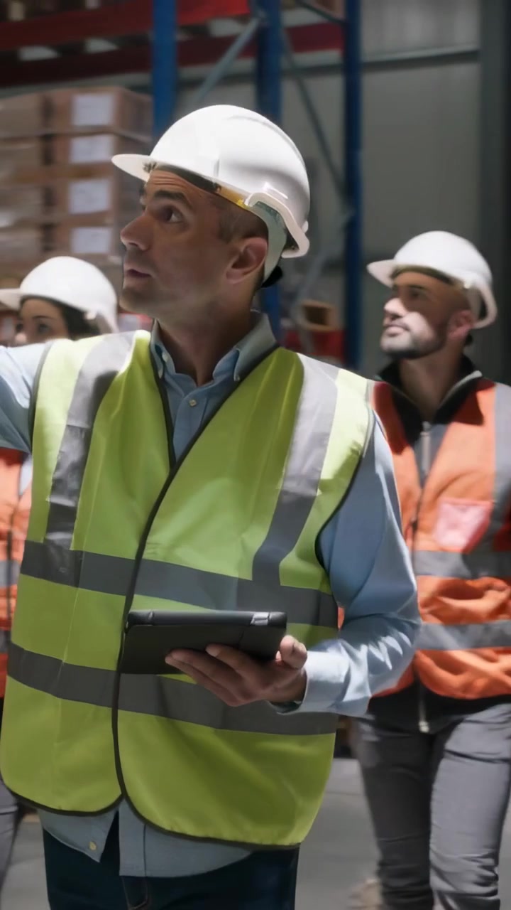 Vertical video: Tapping lead in hard hat checking tablet, scanning warehouse racks verifying stock