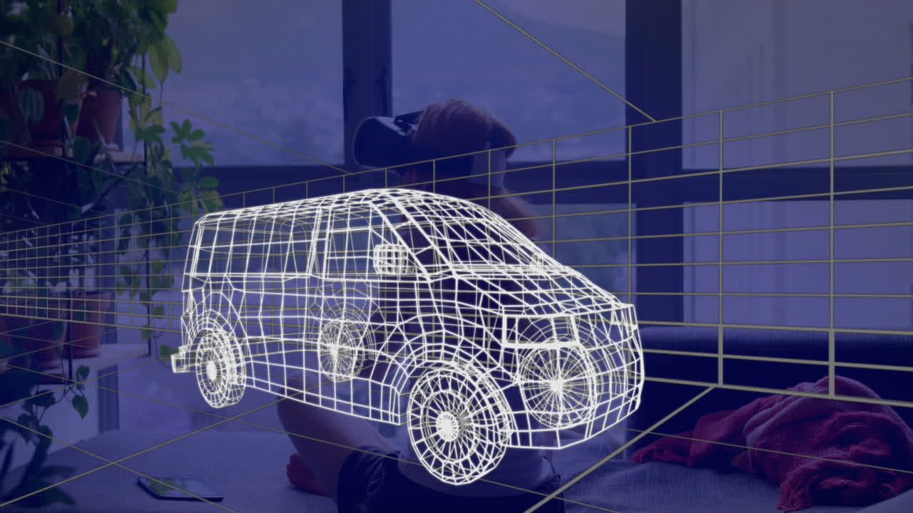 animación de dibujo técnico 3d de la furgoneta, sobre la mujer en casa con auriculares vr