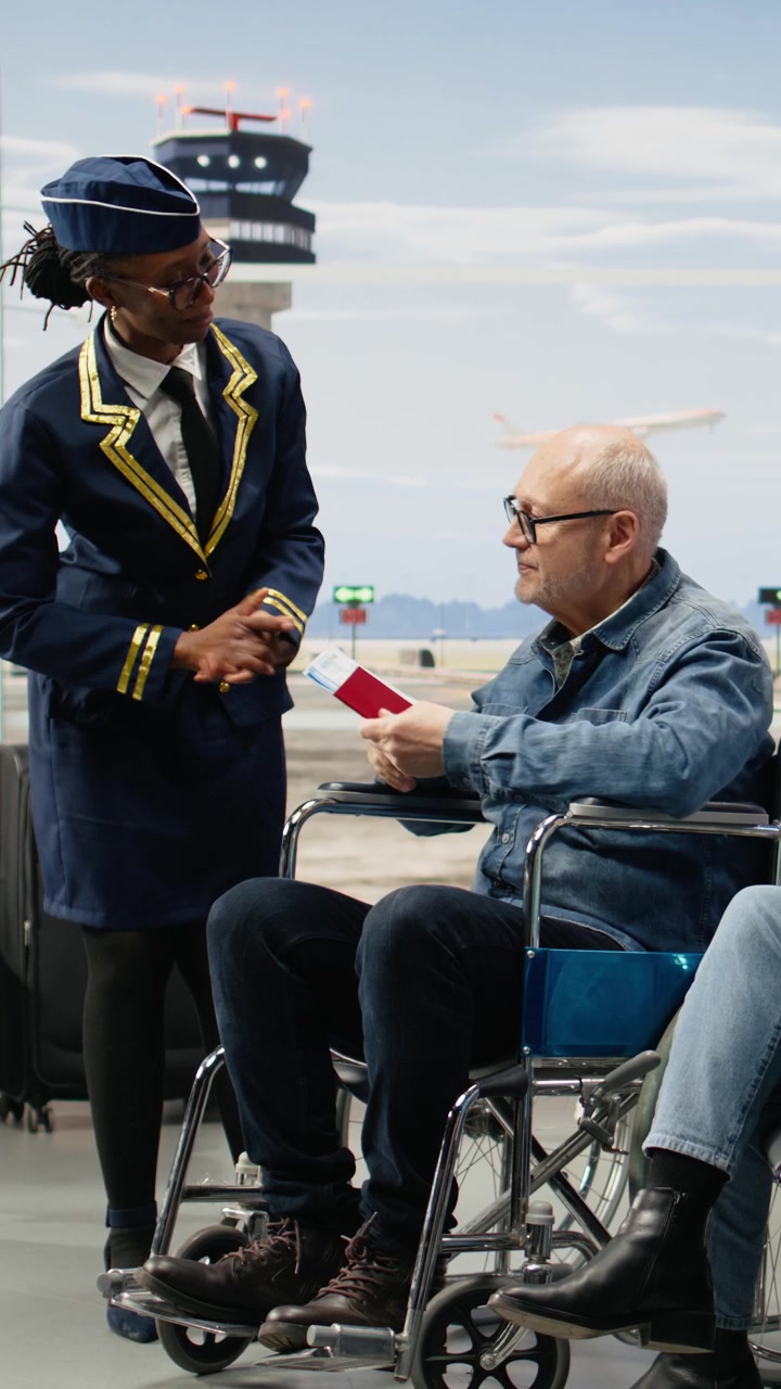 Video verticale. Assistente di volo che assiste un uomo anziano in sedia a rotelle e la moglie con il controllo dei biglietti.