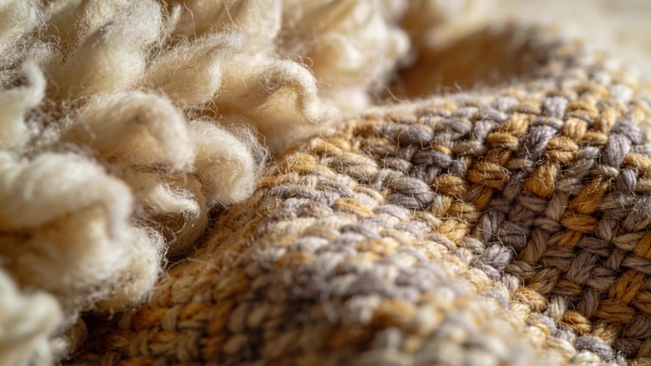 Der Fokus wechselt, die Kamera schwenkt nach rechts über eine Decke auf einem Sofa und studiert dabei Bouclé- und senffarbene Nahtdetails.
