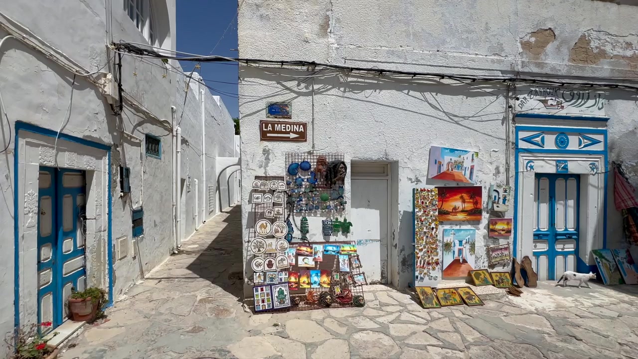 Venditore ambulante espone souvenir colorati e dipinti tra porte blu in un luminoso vicolo imbiancato a calce della medina di Hammamet, Tunisia.