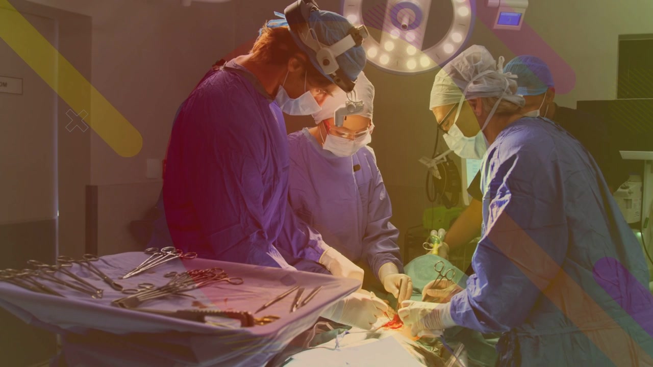 Surgical team starting suturing after incision, closing wound, passing tools, AR marking incision