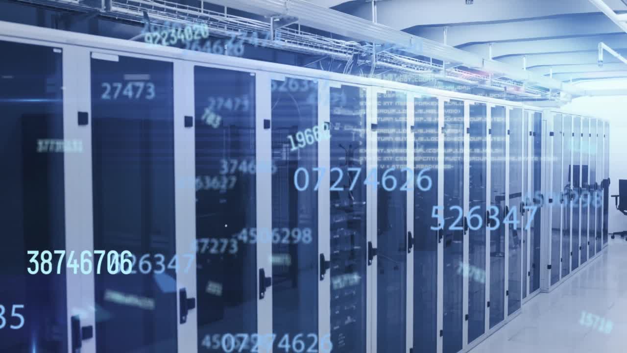 Animation of changing numbers and lens flares against serve room in background