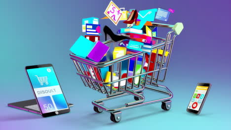 online shopping and e-commerce concept with digital devices and shopping cart