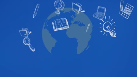 Animation-Von-Schulsymbolen-über-Blauem-Globus-Und-Blauem-Hintergrund
