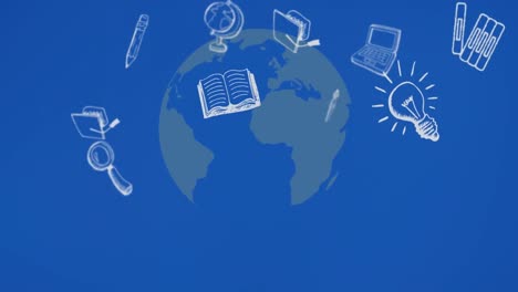 animation of school icons over blue globe and blue background