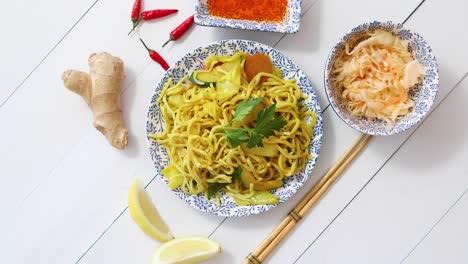 tasty and fresh noodles with chicken and vegetables served on ceramic plate with chopsticks