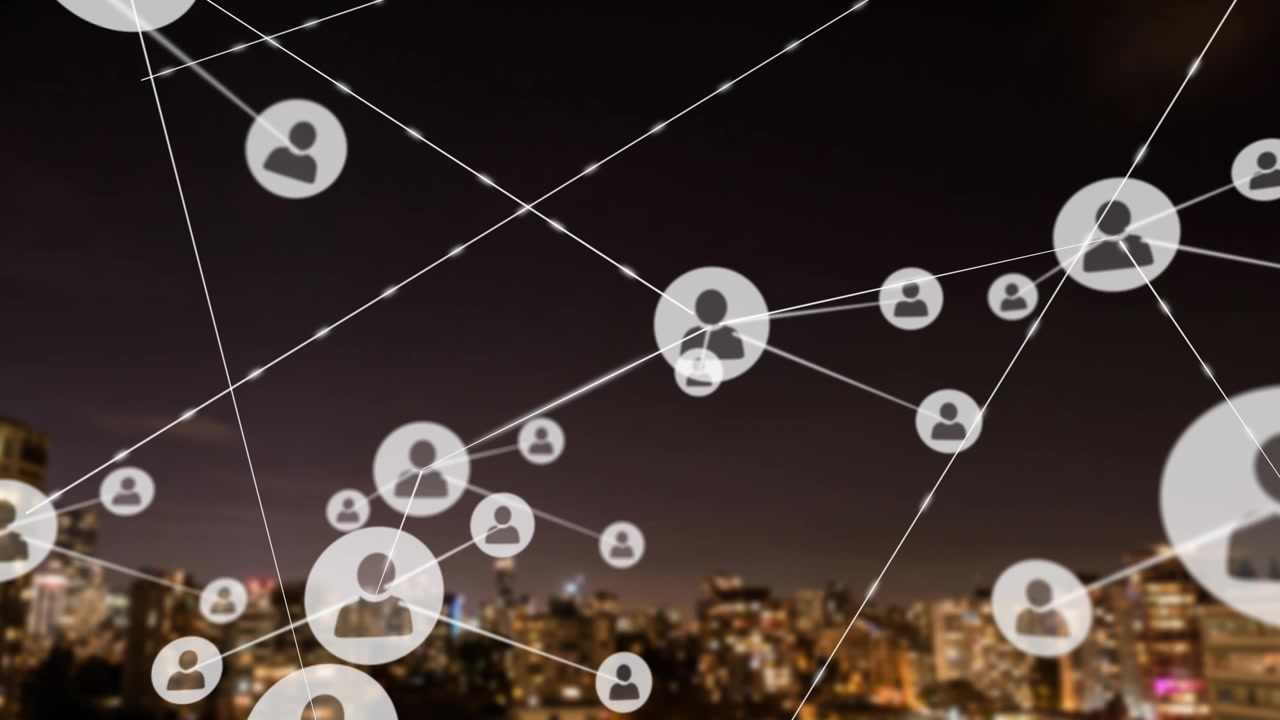 Animazione di una rete di connessioni con icone sul paesaggio cittadino