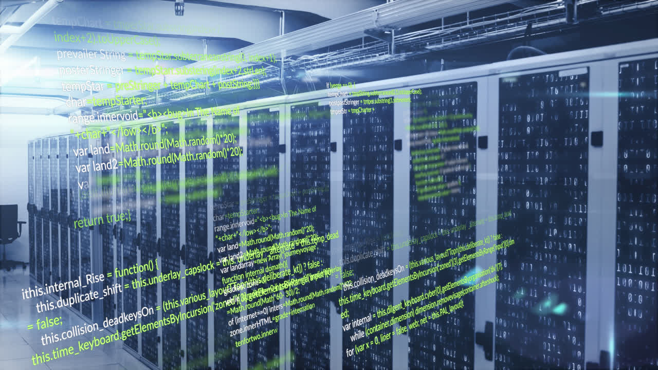 animazione di linguaggio informatico multicolore su codici binari su rack di server di dati