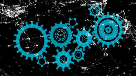 rotating blue gears animation over network of connections and data points