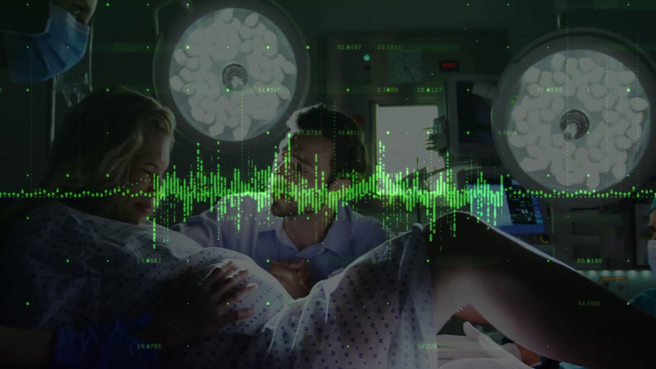 animación digital del procesamiento de datos financieros contra la mujer que da a luz en la sala de parto en el hospital