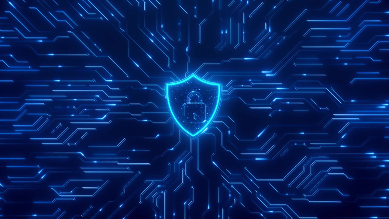 Digital security shield protection visual with cyan lock icon glowing circuit lines and dark blue