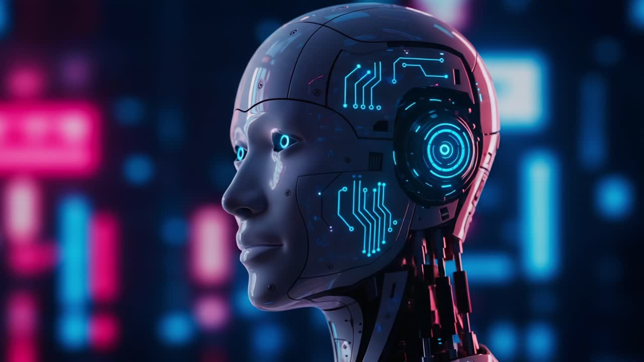 A futuristic robotic head showcasing advanced technology, featuring intricate circuitry and luminous elements against a vibrant digital backdrop, symbolizing artificial intelligence evolution