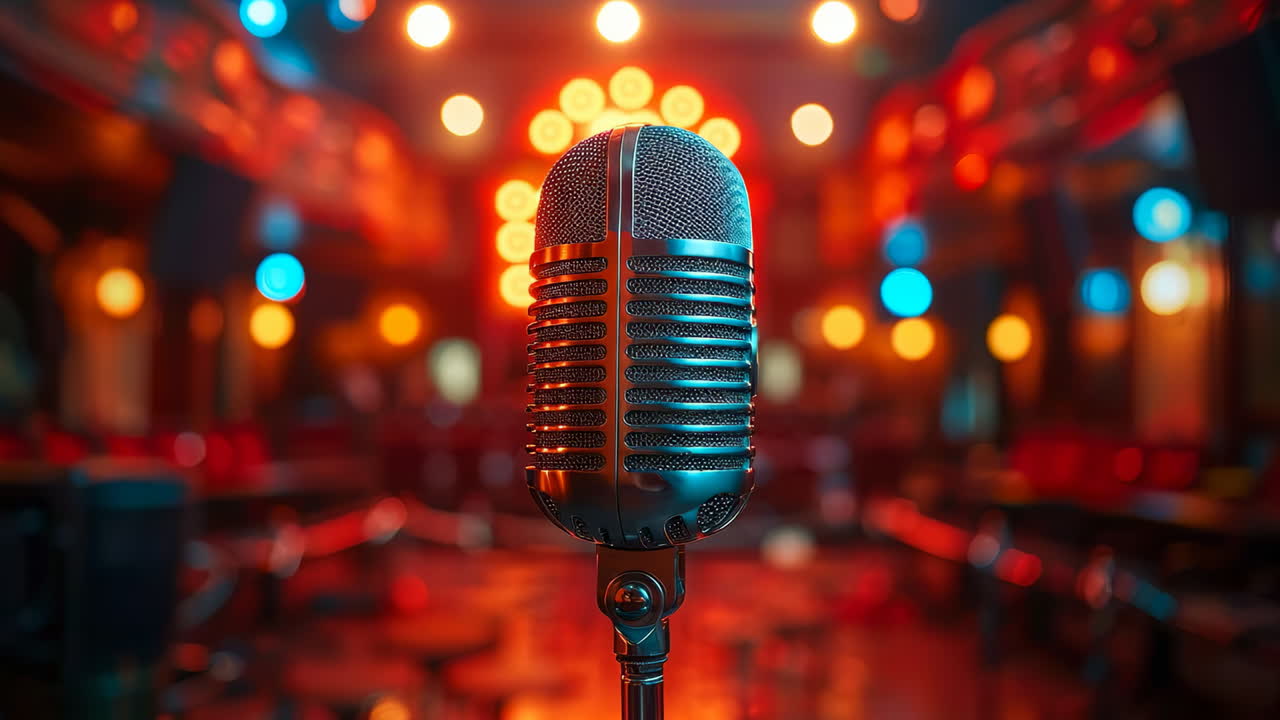 Vintage microphone ready for performance. A vintage microphone stands in a venue with colorful lights, waiting for the next live performance