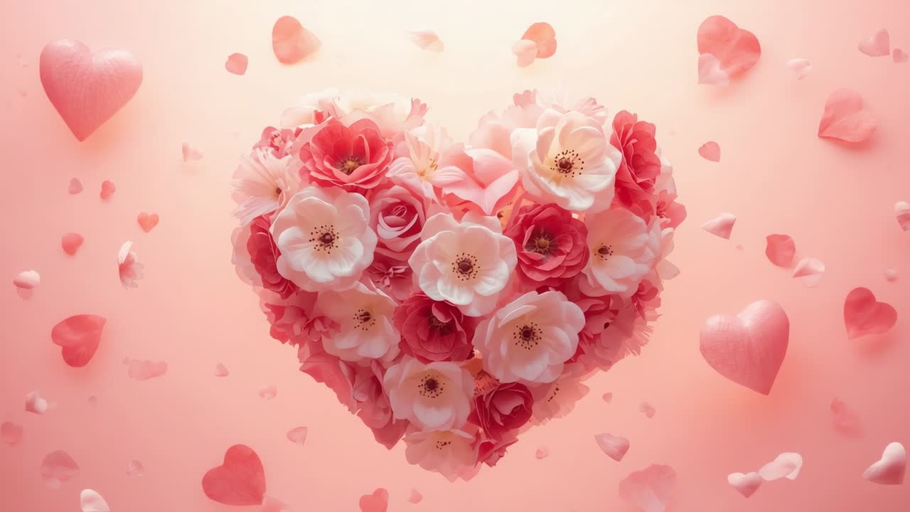 Zoom da câmera destacando rosas em formato de coração e flores brancas em uma parede rosa, com pétalas à deriva e balões de coração