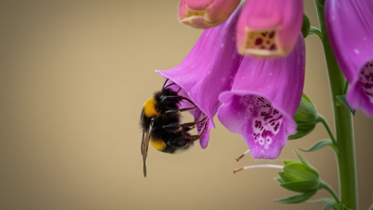A Beautiful Bumblebee Pollinating Purple Foxglove Flowers with Dewdrops: A Close-Up Look at Nature's Coordination and Beauty