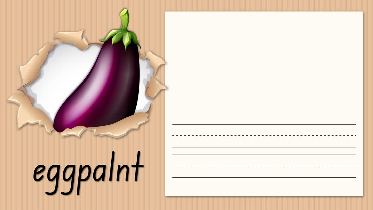 Video educativo animato che insegna la lettera E usando un'illustrazione di melanzana e righe per la pratica della scrittura a mano.