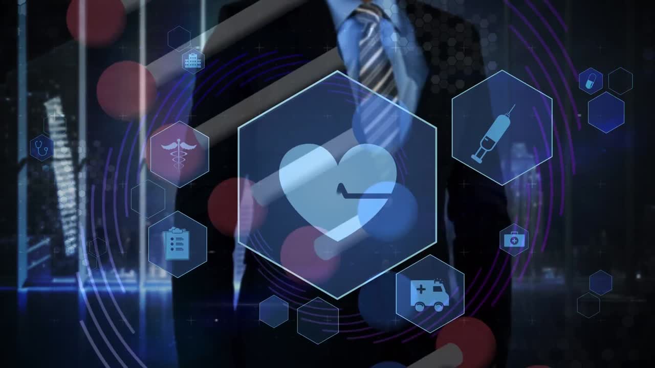 의료 아이콘 네트워크의 애니메이션, dna 및 데이터 처리, 카우카스 사업가