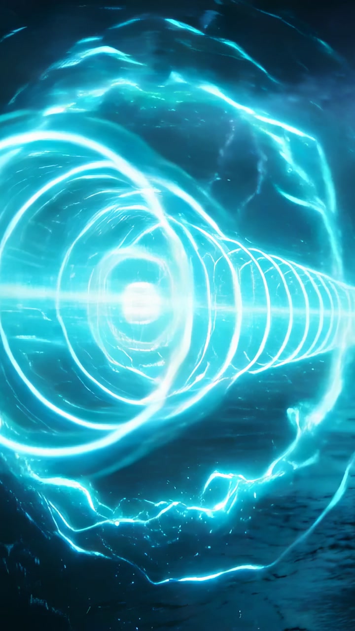 Pulsing cyan rings traveling along axis toward camera on wet plain, with core orb and lightning