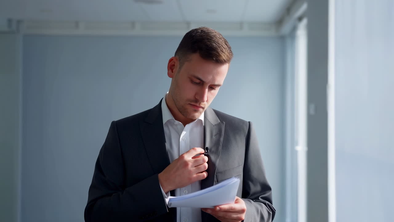 Young Businessman Adjusting Lavalier Microphone While Holding Documents